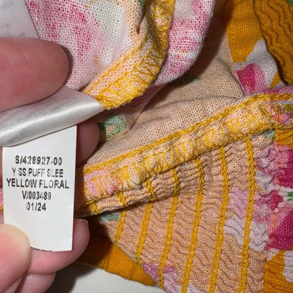 Old Navy Girls Yellow Floral Linen Blend Puff Sleeve Crop Top Size‎ L 10-12